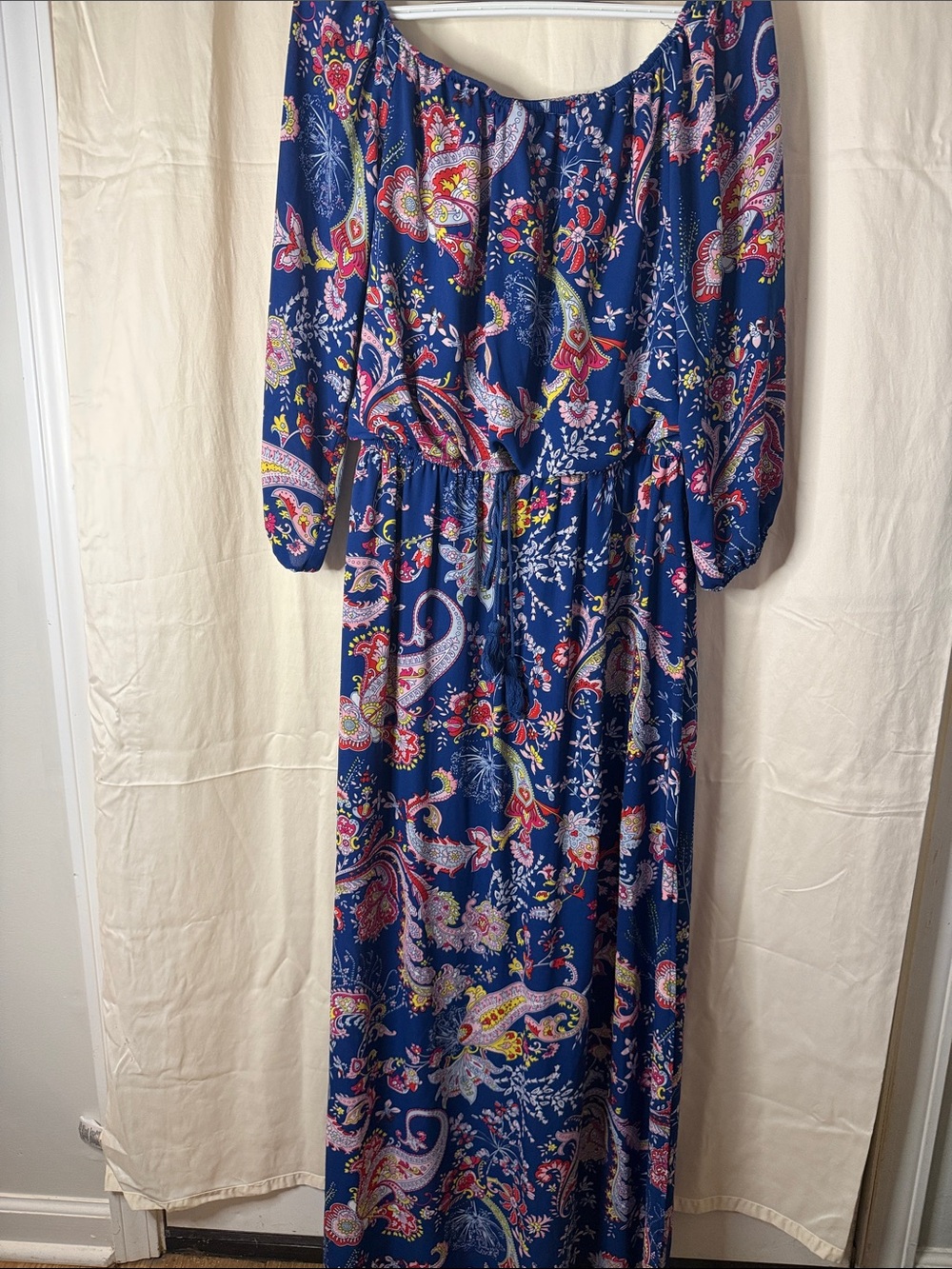 Bisou Bisou Navy Blue Paisley Maxi Dress with Pink Accents